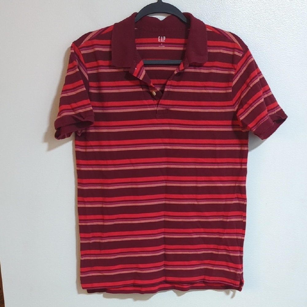 GAP Red Y2K Striped Pink Purple Short‎ Sleeve Collared Button Cotton Polo M